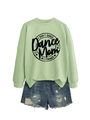 Detail of light green sweatshirt with I DON'T DANCE print and distressed denim shorts - Olive Green (Black Font)