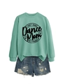 Detail of mint green sweatshirt with Dance Mom print paired with distressed denim shorts - Light Green (Black Text)