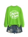 Detailed view of neon green crewneck sweatshirt with I DON'T DANCE printed graphic - Neon Green (White Font)