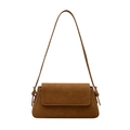 Minimalist brown suede baguette shoulder bag with flap closure and adjustable strap - Tan