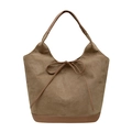 Autumn khaki brown suede tote bag with leather straps and front bow detail for women - Khaki
