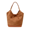 Caramel brown large tote bag in suede texture with decorative front bow detail - Yellow Brown