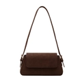 Brown faux suede baguette bag with adjustable strap and gold hardware on white background - Coffee