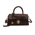 Vintage dark brown oily PU leather handbag with gold twist lock and woven handle detail - Coffee With Pendant