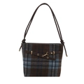 Bolso saco clásico de lana a cuadros con correas de cuero marrón y detalles metálicos retro - Azul