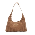 Brown corduroy shoulder bag for women with pleated texture and stylish logo patch - Khaki