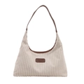 Cream corduroy shoulder bag with brown leather straps and vintage rectangular logo patch - White