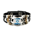 Multilayer braided leather bracelet with Israel flag glass charm and metal beads - Distressed Israel Flag Style (JY008781-2)