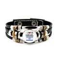 Handcrafted Israel flag multi-layer leather bracelet with blue star and bead accents - I Love Israel Text Style (JY008781-3)