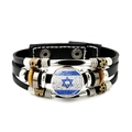 Multilayer leather bracelet featuring Israel flag charm and vintage metallic beads - Star Of David Brick Wall Texture Style (JY008781-6)