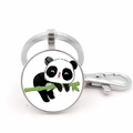 Portachiavi tondo con simpatico panda su ramo di bambù e moschettone in metallo - Stile Panda Argento 2 (JY008756-Argento 2)