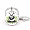 Portachiavi tondo in argento con panda seduto a fumetti e foglie di bambù verdi - Stile Panda Argento 5 (JY008756-Argento 5)