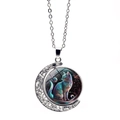 Silver rotatable moon necklace featuring a colorful painted cat artistic pendant - Rainbow Glowing Cat (JY008796-1)