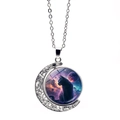 Rotating crescent moon necklace featuring a black cat and purple nebula star pattern - Purple Nebula Black Cat (JY008796-2)
