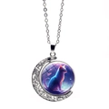 Silver crescent moon necklace with colorful cat pattern glass pendant and cable chain - Neon Streamer Cat (JY008796-3)