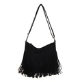 Borsa tote retrò in finta pelle scamosciata nera con frange e tracolla regolabile - Nero