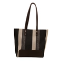 Elegante borsa tote in tela a righe con manici in pelle marrone e trama tessuta - Nero