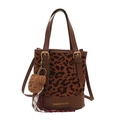 Leopard print velvet tote bag with brown leather handles and teddy bear pendant - With Pendant / Dark Brown