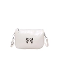 Chic beige bow accent shoulder bag in smooth oily faux leather with silver metal hardware - White