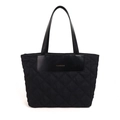 Black quilted nylon tote bag with leather pocket and gold fashion lettering detail - Black