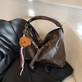 Dark brown retro faux leather large tote bag with a cute teddy bear charm pendant - Coffee with Pendant