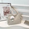 Minimalist beige corduroy tote bag with plush cloud charm and dual handles for women - White With Pendant