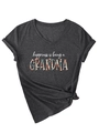 Detail of V-neck grey grandma T-shirt with floral letter print and knotted side hem - S / Black Heather Grey
