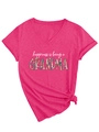 Detail of V-neck magenta T-shirt featuring flower pattern grandma letter print and knotted hem - S / Rose Red