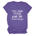 Detail of heathered purple fabric and funny slogan print on a casual round neck tee - S / Purple