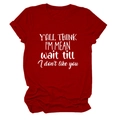 Close-up of red cotton crew neck T-shirt featuring white slogan print and flat lay detail - S / Red