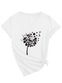 Detail of white V-neck T-shirt with clover dandelion print and stylish front hem knot - S / White (Black Font)