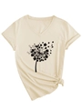 Detail of V-neck T-shirt with dandelion lucky print and stylish front knot hem - S / Sand (Black Font)