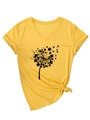 Detail of V-neck yellow T-shirt with clover dandelion print and side knot design - S / Yellow (Black Text)