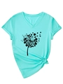 Detail of mint green V-neck T-shirt featuring lucky clover dandelion print and knotted hem - S / Deep Water Blue (Black Font)