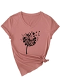 Dettaglio scollo a V e stampa dente di leone lucky su t-shirt malva con nodo laterale - Oro Rosa (Carattere Nero)