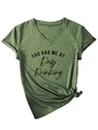 Detail of V-neck olive green cotton t-shirt featuring front slogan and stylish knotted hem - Olive Green