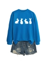 Flat lay of royal blue long sleeve sweatshirt with white rabbit print and denim shorts - Lake Blue (White Rabbit)