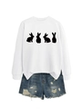 Close-up of white rabbit print sweatshirt with distressed blue denim shorts details - White (Black Rabbit)