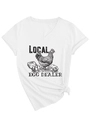 Dettaglio di t-shirt bianca con scollo a V, stampa gallina, maniche con risvolto e nodo - S / Bianco (Stampa Nera)