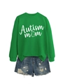 Flat lay of a green Autism Mom sweatshirt with puzzle design and blue denim shorts - S / Grass Green (White Text)