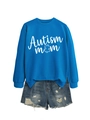 Close-up of Autism Mom blue sweatshirt and distressed denim shorts flat lay set - Lake Blue (White Font)