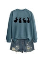 Detail of blue crewneck sweatshirt with black rabbit silhouette prints and denim shorts - Blue (Black Rabbit)
