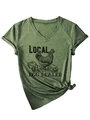 Détail de l'imprimé Local Egg Dealer sur un t-shirt vert chiné à col en V avec nœud à la base - Vert Olive (Imprimé Noir)