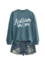 Detail of the blue Autism Mom sweatshirt with puzzle piece graphic and ribbed cuffs - Blue (White Font)
