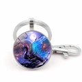 Fantasy blue dragon glass dome keychain with silver lobster clasp and nebula background - Silver Style 2