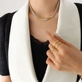 Elegant gold necklace set with baguette cut zircon and matching layered rings - 39cm / Transparent Necklace