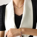 Golden jewelry set with pink rectangle zircons including necklace, bracelet and rings - 39cm / Pink Necklace