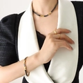 Elegant gold-plated jewelry set with black rectangular stones on necklace and bracelet - 39cm / Black Necklace