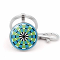Portachiavi tondo argento con motivo geometrico a bersaglio blu e verde e chiusura a moschettone - Stile 7 / Argento