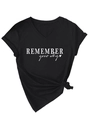Detail of V-neck cotton T-shirt with Remember Your Why print and side knot design - Black (White Font)